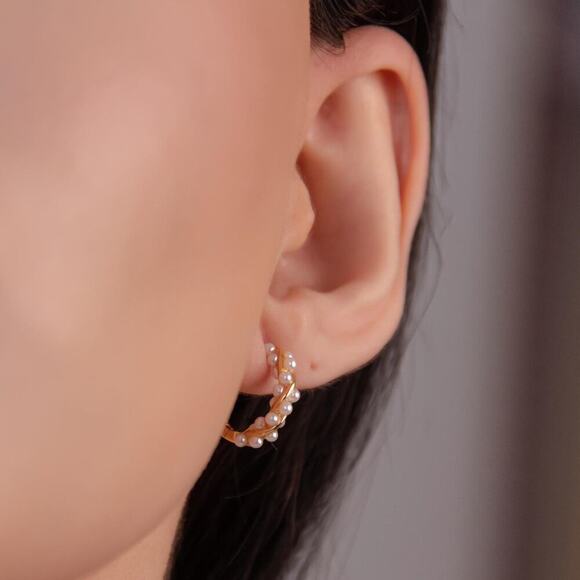Sterling Silver Pearl Huggie Hoop Earrings: Dainty Minimalist Jewelry - Picture 4 of 7
